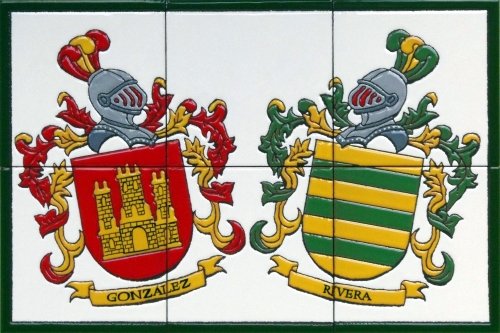 escudo doble de los apellidos pintado sobre baldosas de cerámica